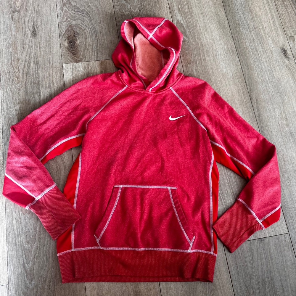Nike Therma-FIT Hoodie Womens Medium Red Heather Fleece Pullover Sweatshirt
